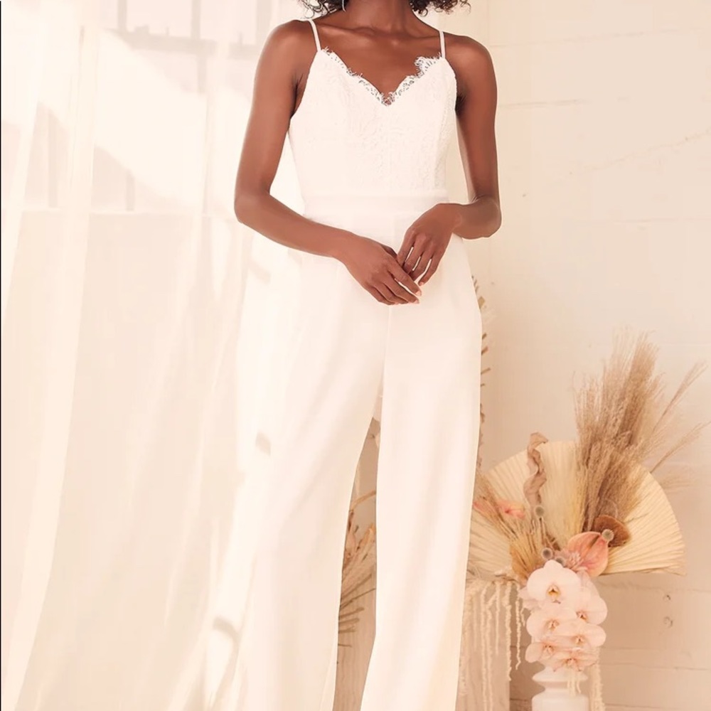 NWT- Lulus Timeless Romance White Lace Wide-Leg Jumpsuit